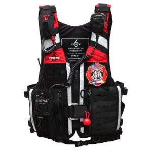 A RescueOps - Red life vest with a radio attached to it.