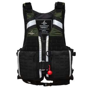 A black and green RescueOps - Olive life jacket with a red strap.