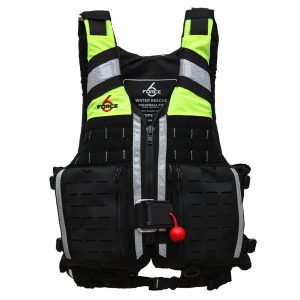 A black and RescueOps - Yellow life jacket with a red button.