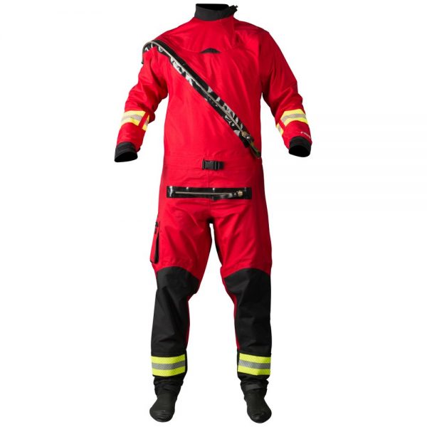 A red and black NRS Extreme Rescue Dry Suit on a white background.