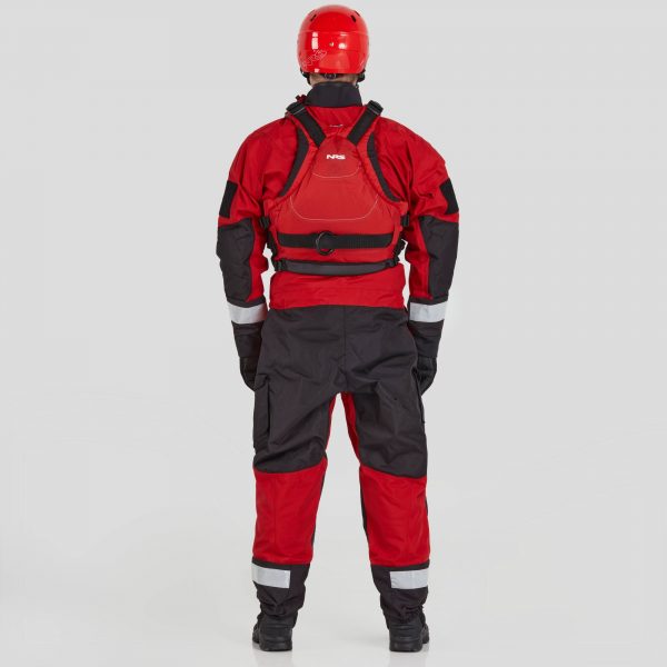 The back view of a man in an NRS Extreme SAR GTX Dry Suit.