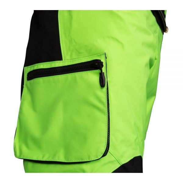 A pair of NRS Extreme Rescue Dry Suits in green and black with pockets.