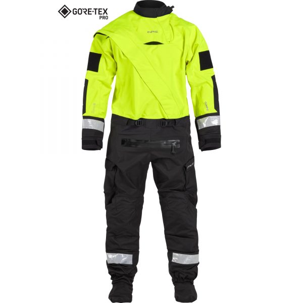 A yellow and black NRS Extreme SAR Dry Suit on a white background.