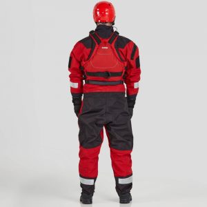 The back view of a man in a red and black NRS Ascent SAR Dry Suit.