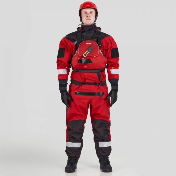 A man in a red NRS Ascent SAR Dry Suit standing on a white background.