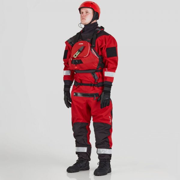 A man wearing an NRS Ascent SAR Dry Suit.