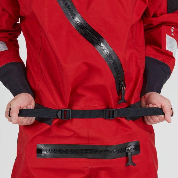 A man in a NRS Ascent SAR Dry Suit holding his belt.