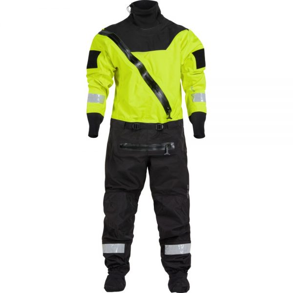 A yellow and black NRS Ascent SAR Dry Suit on a white background.