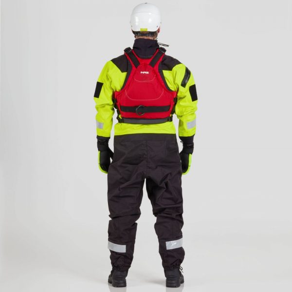The back of a man wearing the NRS Ascent SAR Dry Suit.