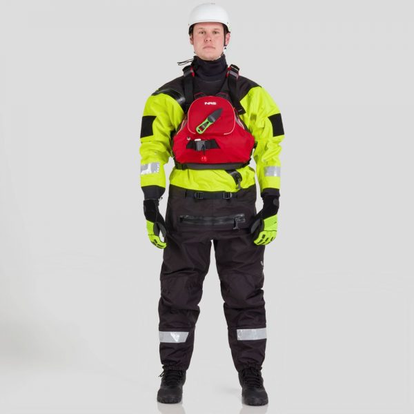 A man in an NRS Ascent SAR Dry Suit standing in front of a white background.