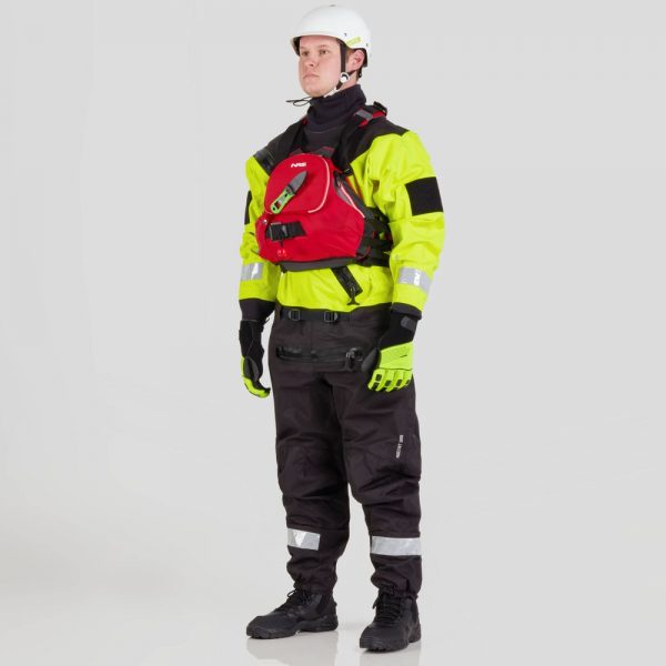 A man wearing an NRS Ascent SAR Dry Suit and helmet.