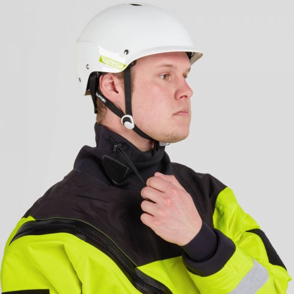 A man in a NRS Ascent SAR Dry Suit is adjusting his helmet.