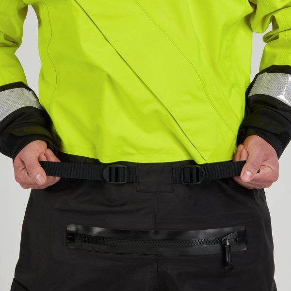 A man in a yellow and black NRS Extreme SAR Dry Suit holding his belt.