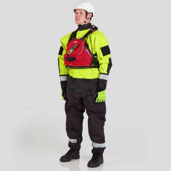 A man wearing an NRS Extreme SAR Dry Suit and helmet.