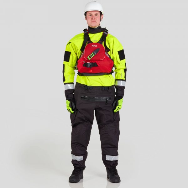 A man wearing an NRS Extreme SAR Dry Suit jacket and helmet.