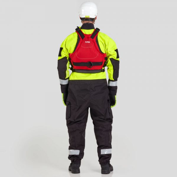 The back view of a man wearing an NRS Extreme SAR Dry Suit.
