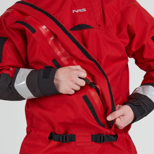 A man is wearing a NRS Extreme SAR GTX Dry Suit.