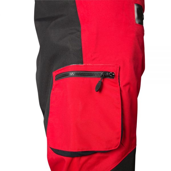 A pair of red and black NRS Extreme Rescue Dry Suit ski pants with pockets.
