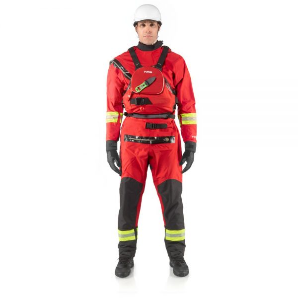 A man in a NRS Extreme Rescue Dry Suit standing on a white background.