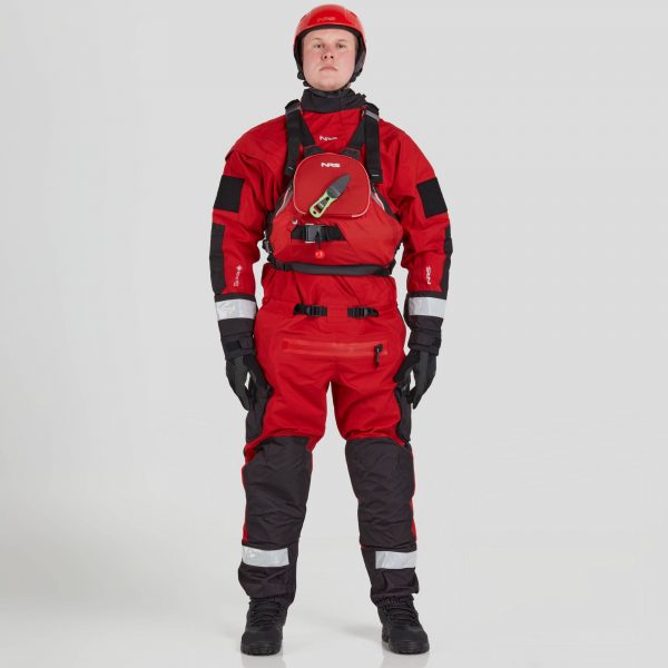 A man in an NRS Extreme SAR GTX Dry Suit standing in front of a white background.